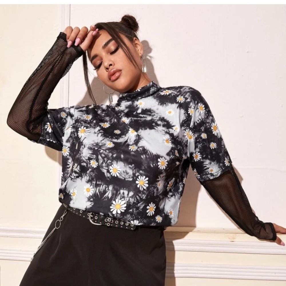 Tye Dye Flower Print Fishnet Panel 2n1 Tee